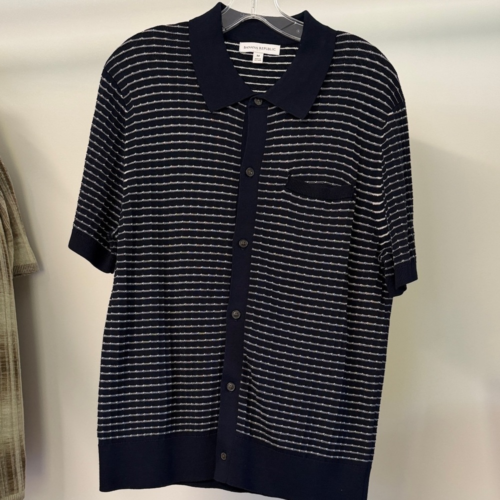 Banana Republic Shirts | Navy and White Striped Knit Polo Cardigan